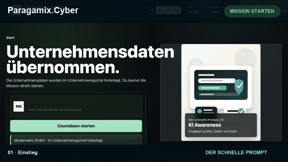 Beispielansicht der KI-Awareness-Mission Der schnelle Prompt mit fiktiven Unternehmensdaten