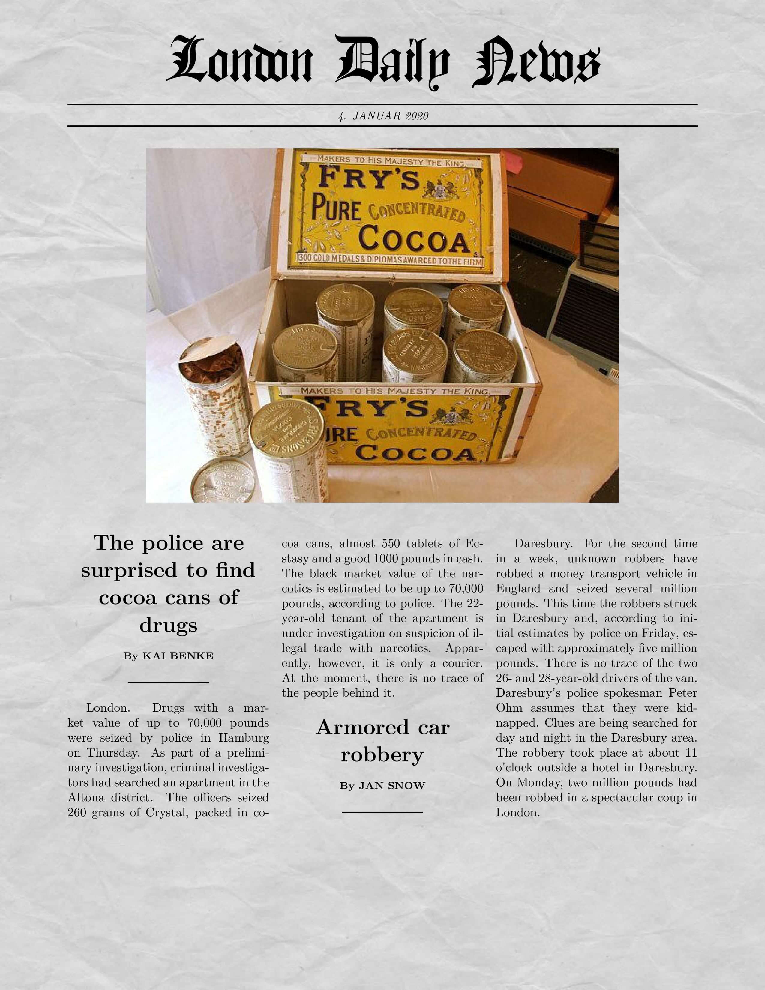 Newspaper clipping about contaminated cocoa cans