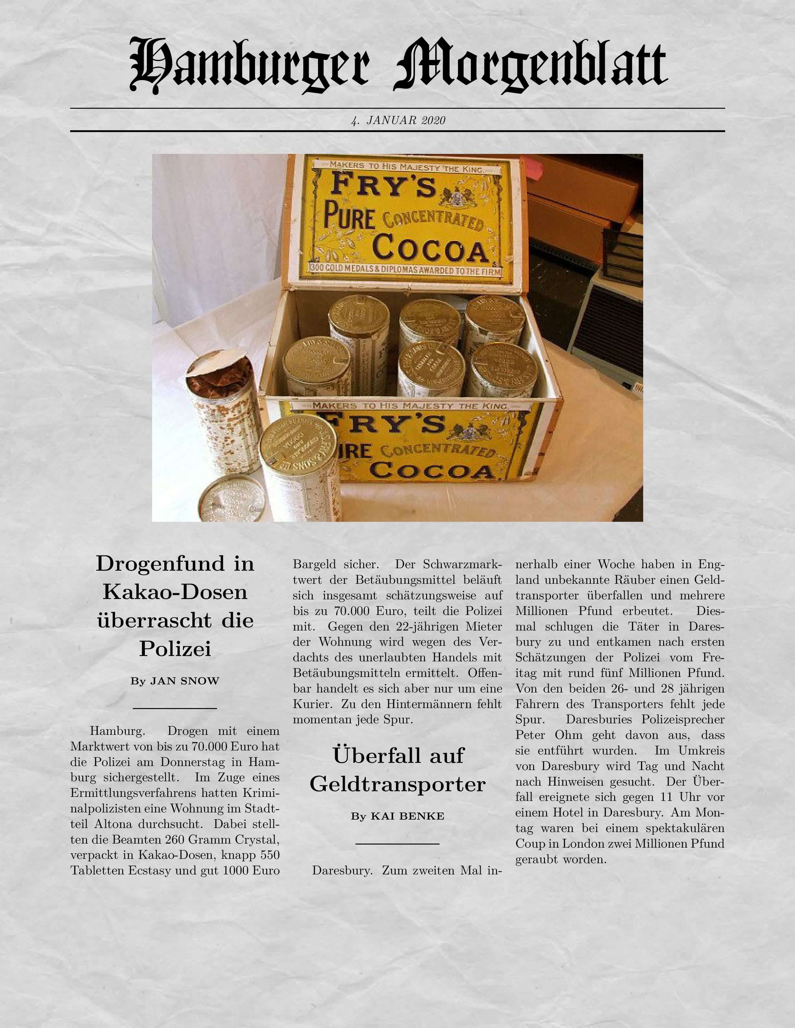 Zeitungsausschnitt über kontaminierte Kakaodosen